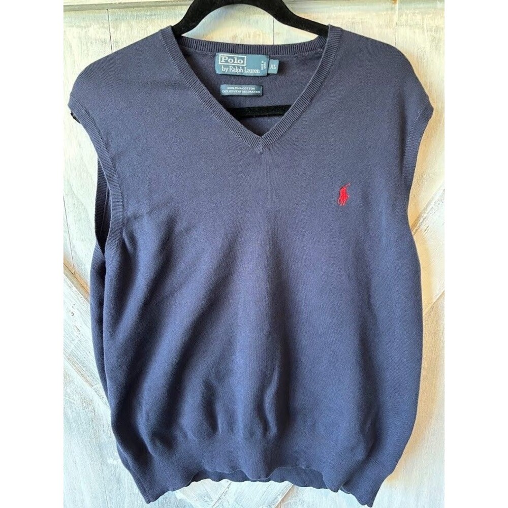 Polo Ralph Lauren Vintage Sweater Vest Mens XL Navy Blue 100% Pima Cotton